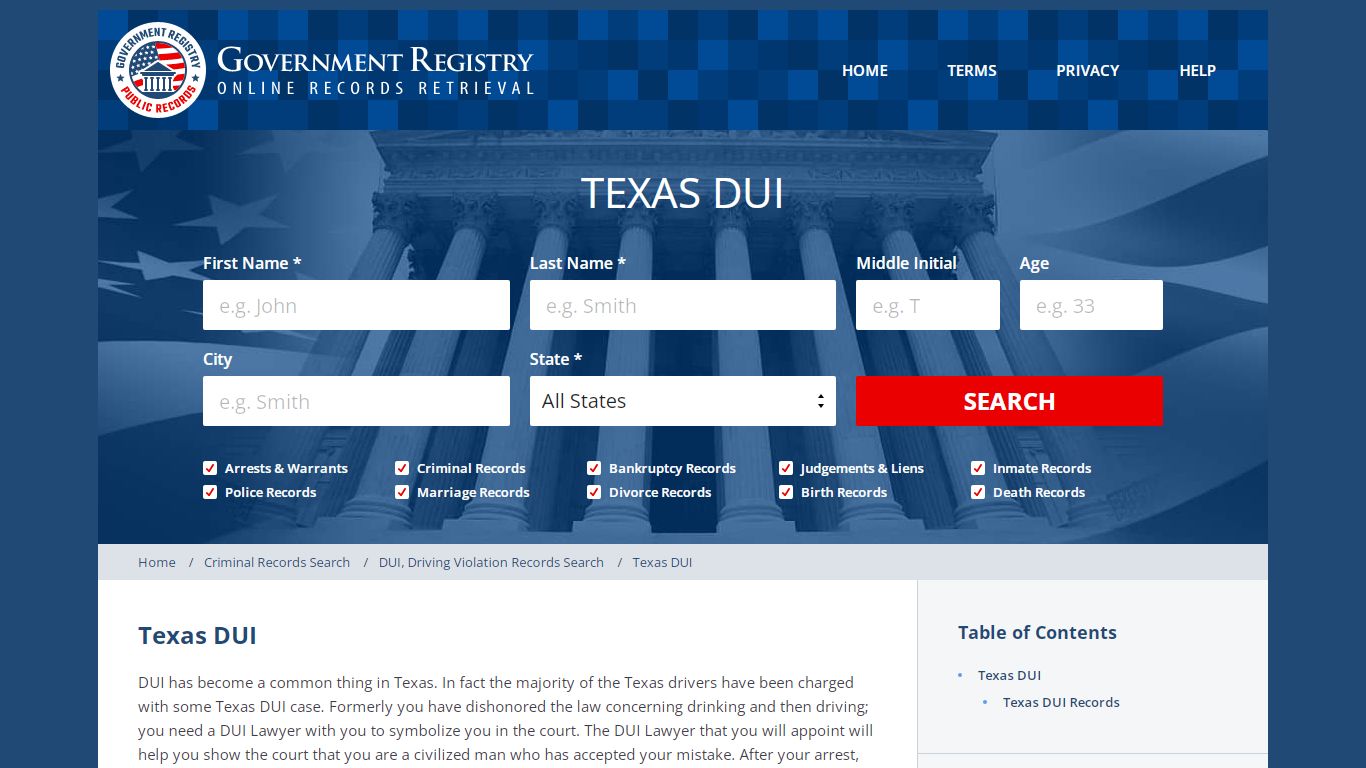 Texas DUI | Texas DUI Records | GovernmentRegistry.org